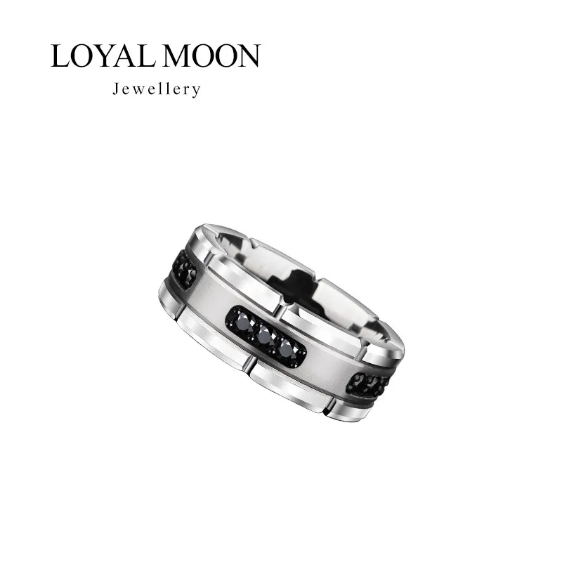 Loyal Moon Tungsten Rings For Men Inlay Black Stones High Polished For Wedding Band Gift For Him, Engraving,Customized