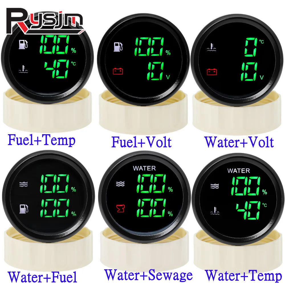 

Custom Waterproof 52mm Dual Gauge 2 In 1 Multifunction Gauges Fuel Level Water Level Meter HTG Sewage Gauge Volt for Boat Yacht