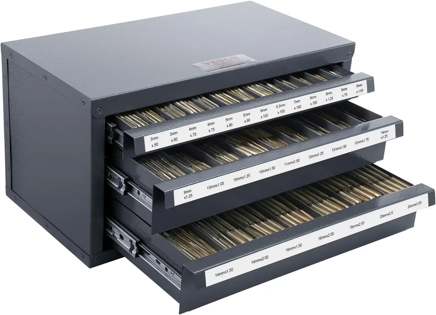 

Tap Organizer Cabinet - Three-Drawer, 29-Compartment, Stackable with Labels for 3mm-24mm Steel Tap Storage