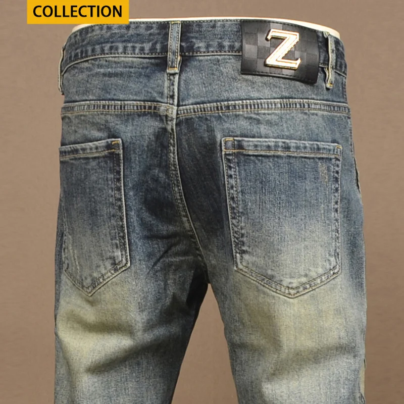 Pantalones vaqueros rasgados elásticos para Hombre, Jeans Retro lavados, ajustados, diseño empalmado, Hip Hop, moda urbana