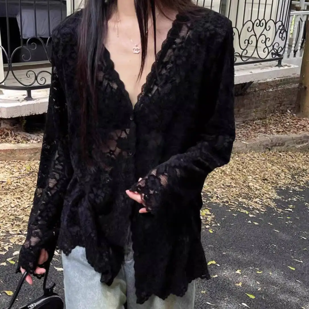 

Women's Shirt 2026 Spring Summer Plus Size Lace Cardigan Hollow Out V Neck Single Breasted Loose Blouse Versatile Shirts Top