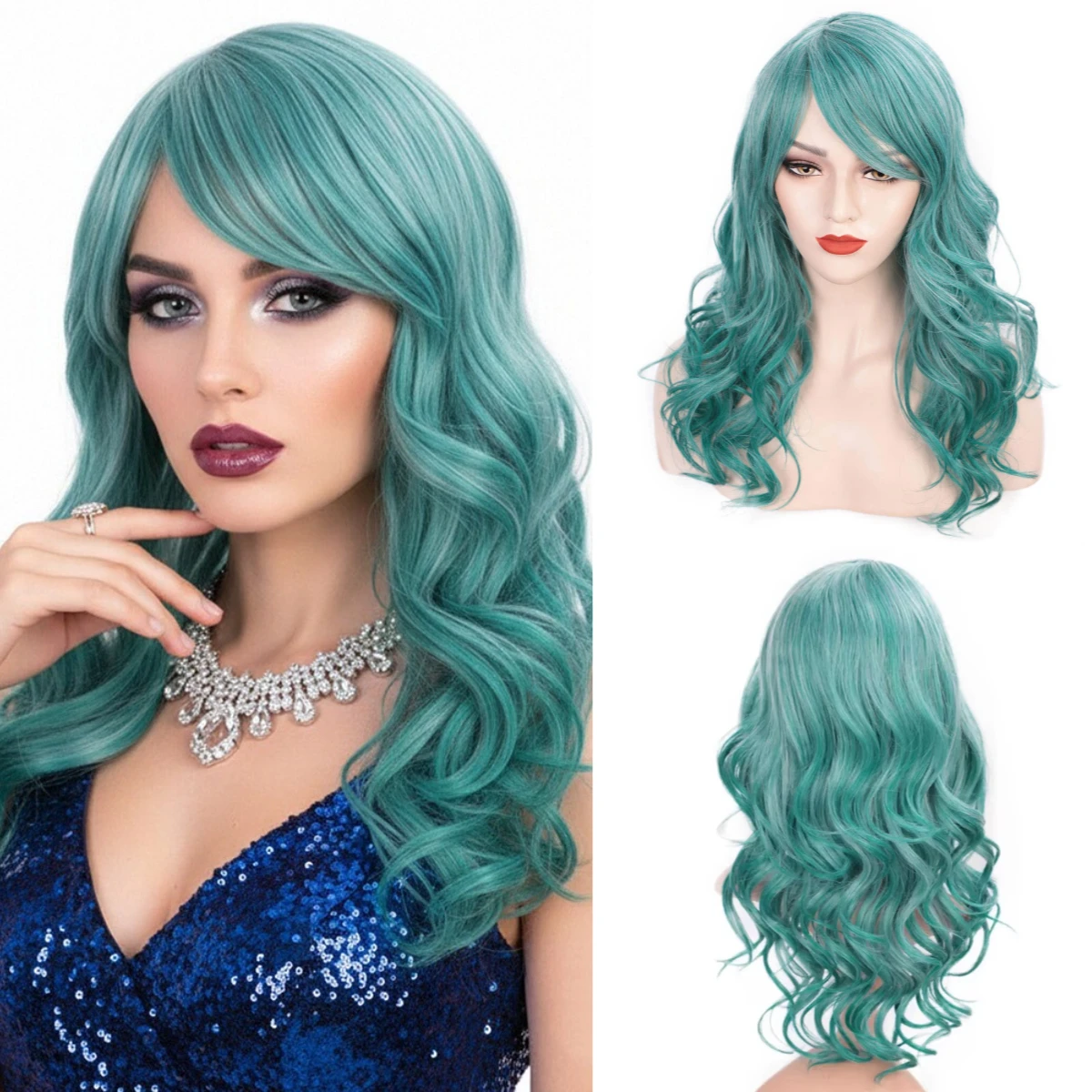 Long Green Curly Synthetic Hair Wigs with Side Bangs Heat Resistant Cosplay Wig for Women Daily Costume Party