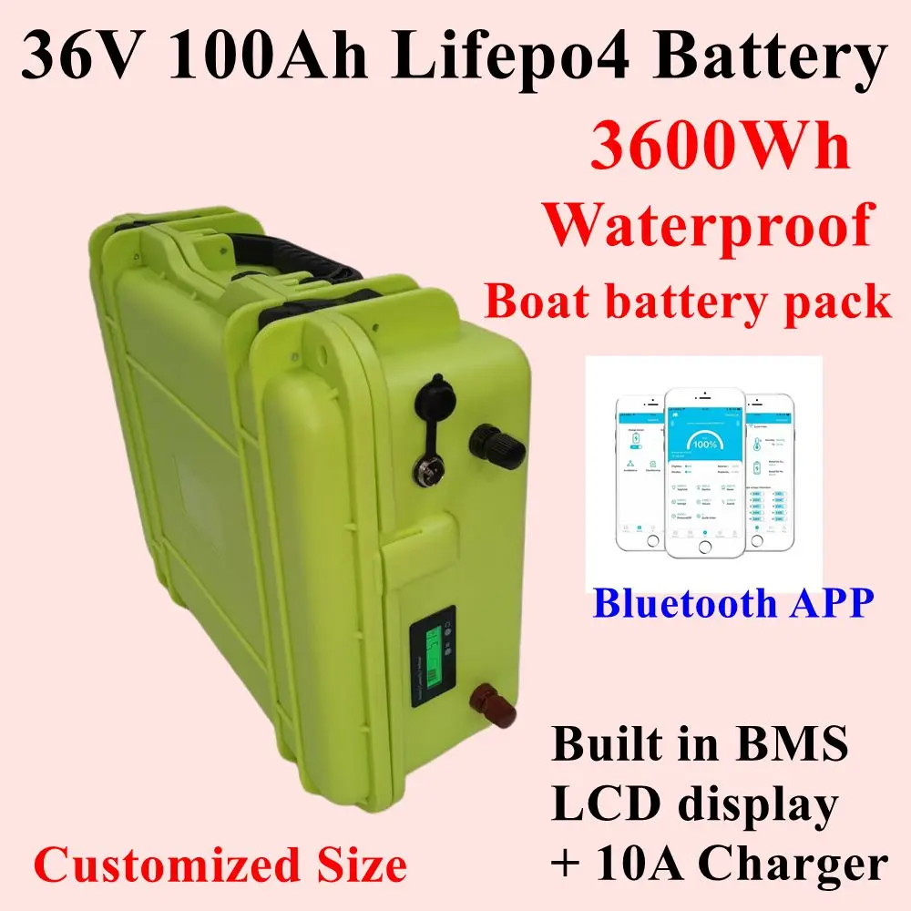 Lithiumbattery Lifepo4 avec Bluetooth et BMS, trolling motor 3500W, vélo UPS, scooter, fish boat, charger 10A, 36V, 100Ah