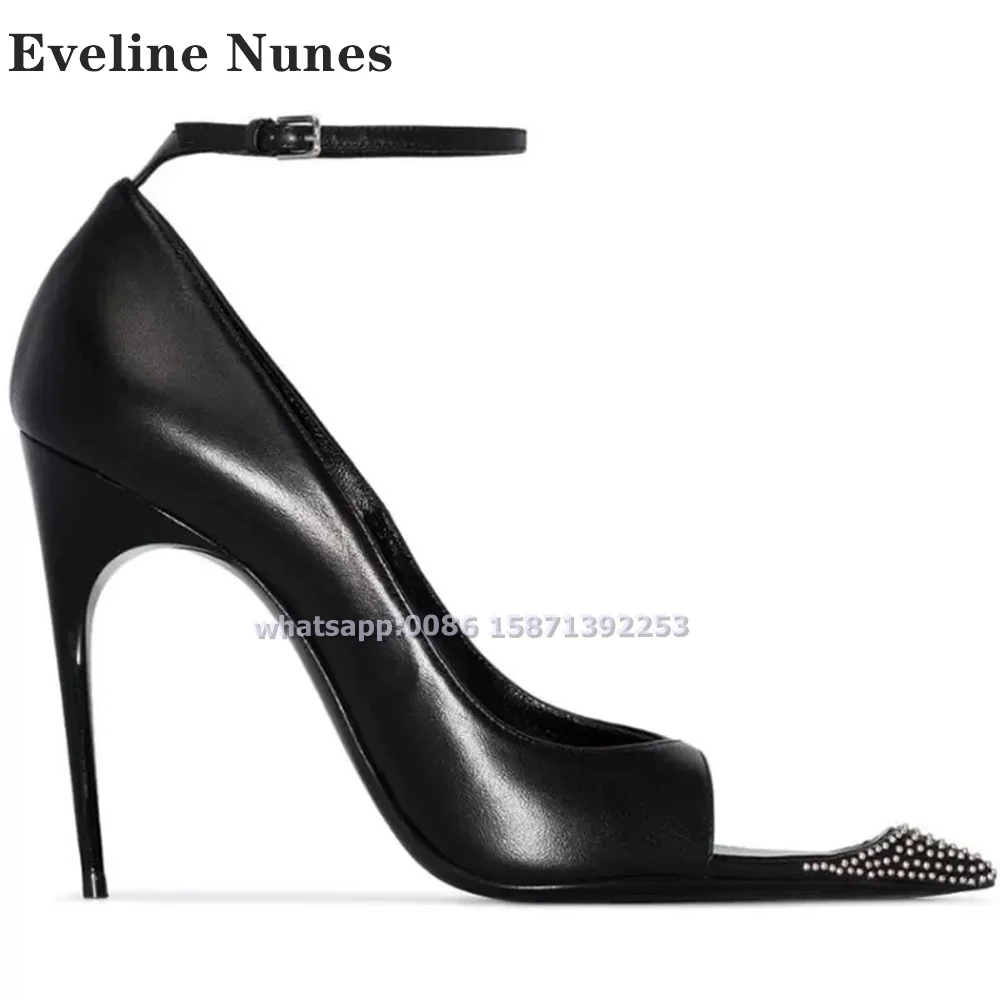 

Rhinestone Rivet Buckle Strap Pumps Peep Toe Stiletto Black Solid Sexy Women High Heels Party Elegant Sandals 2024 Summer Trend