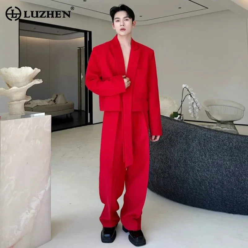 

LUZHEN однотонный элегантный комплект из двух предметов для мужчин, новинка 2025, красивый короткий пиджак с лентой в стиле пэчворк, пальто, прямые повседневные брюки JY3966