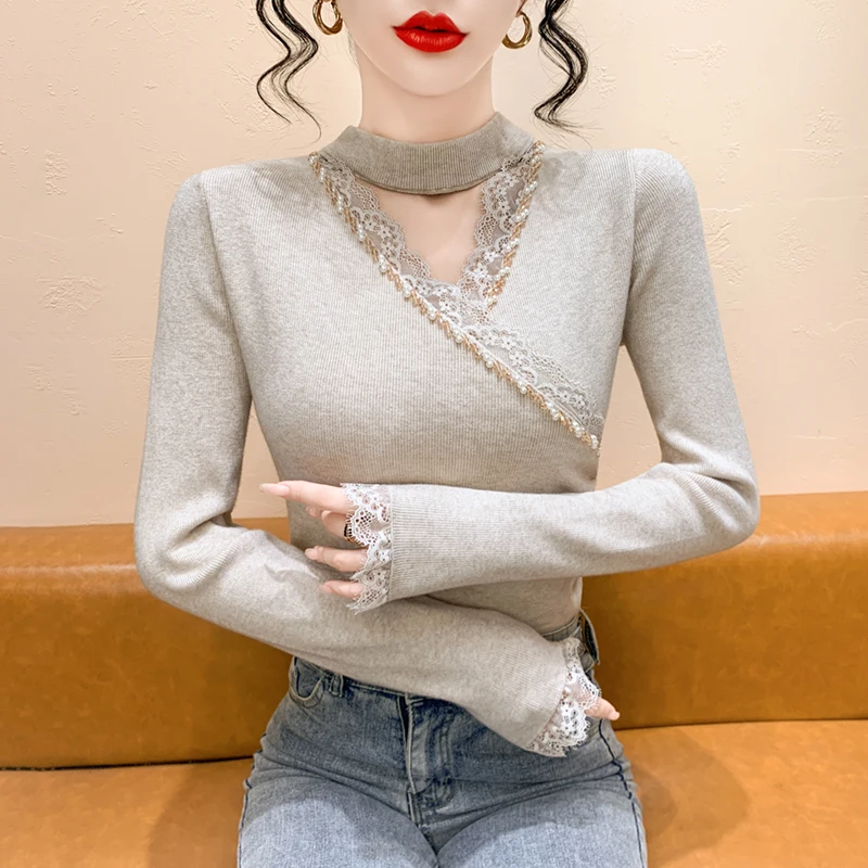 セクシーな透かし彫りVネックニットベースの女性用ロングスリーブレーススプライスビーズトップ、秋冬インナーウェア、ハンギングネック...