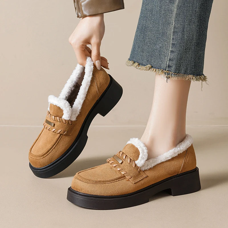 Winter Fur Shoes Women Loafers Warm Plush Non-slip Fashion Brand Ladies Shoes Square Heels 4cm Yellow Plus Size 42 D762
