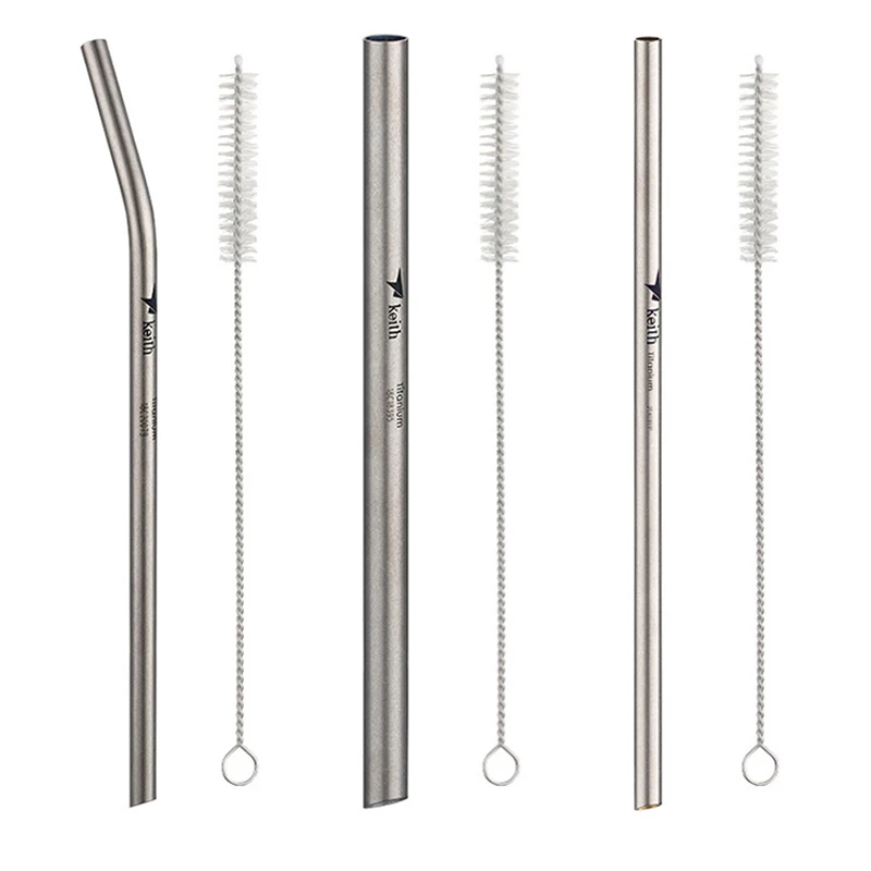 Keith Tableware Sandblasted Reusable Metal Straws Pure Titanium Drinking Straw with Cleaner Brush for Medicine Milk Tea Beverage