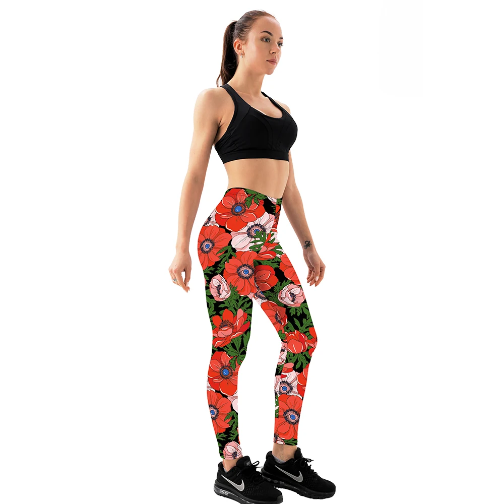 FCCEXIO Neue 3D Rote Tropische Blumen Druck Mädchen Leggings Hohe Taille Elastische Hosen Fitness Frauen Sport Leggings Weihnachten Geschenk