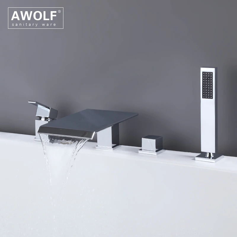 Awolf Chrome Waterfall Bathtub Faucet Spout Deck Mounted Bathroom Bathtub Shower System Solid Brass Shower Mixer Set AH3058