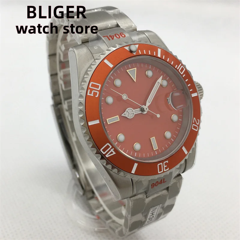 BLIGER 40mm Sapphire Glass Ceramic Bezel Orange Dial Green Luminous NH35 Automatic Fashionable diving watch For Men's