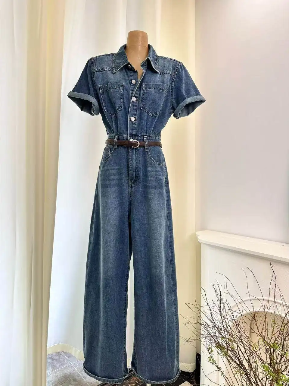 

Misser Soft Washed Denim High Waist Short Sleeve Jumpsuit Wide Leg Long Pants Trendy Summer Thin Fabric One-Piece Suit