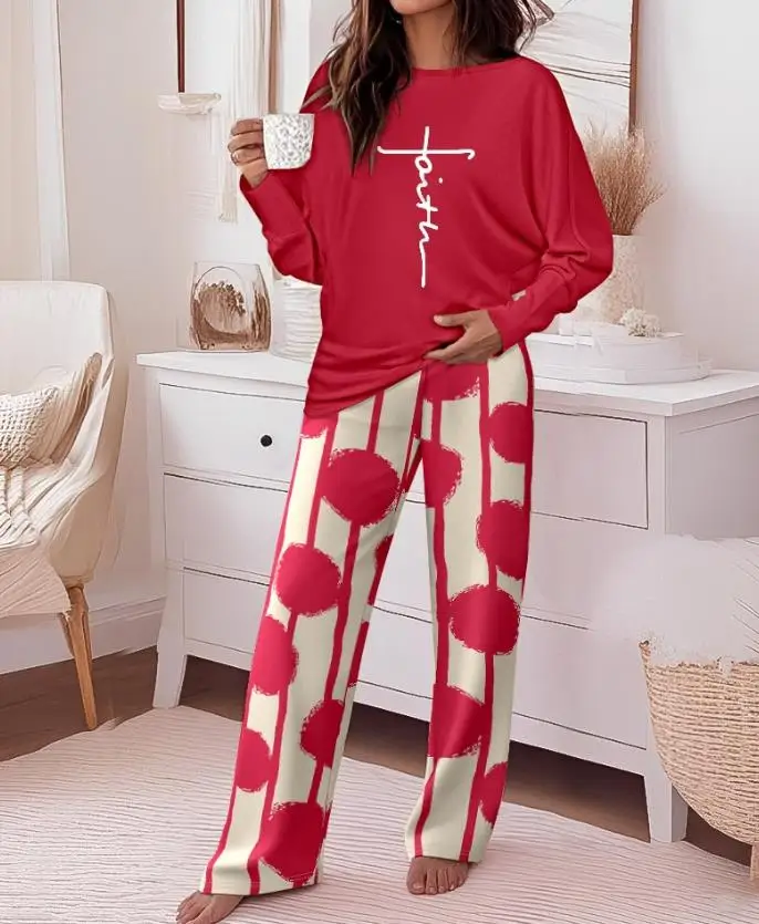 

2 Pieces Outfit Letter Print Batwing Sleeve Loose Top and Striped & Polka Dot Print Elastic Waist Pants Set Casual Pajamas Set