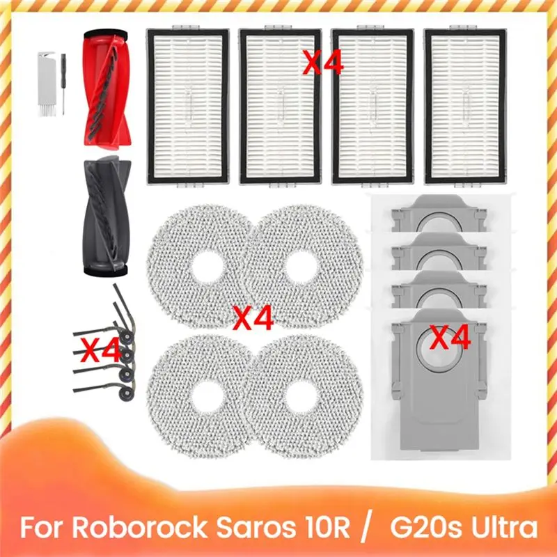 

Запасные части AUAU для пылесоса Roborock Saros 10R / G20S Ultra: основные и боковые щетки, HEPA-фильтры, салфетки для влажной уборки, мешки для сбора пыли.