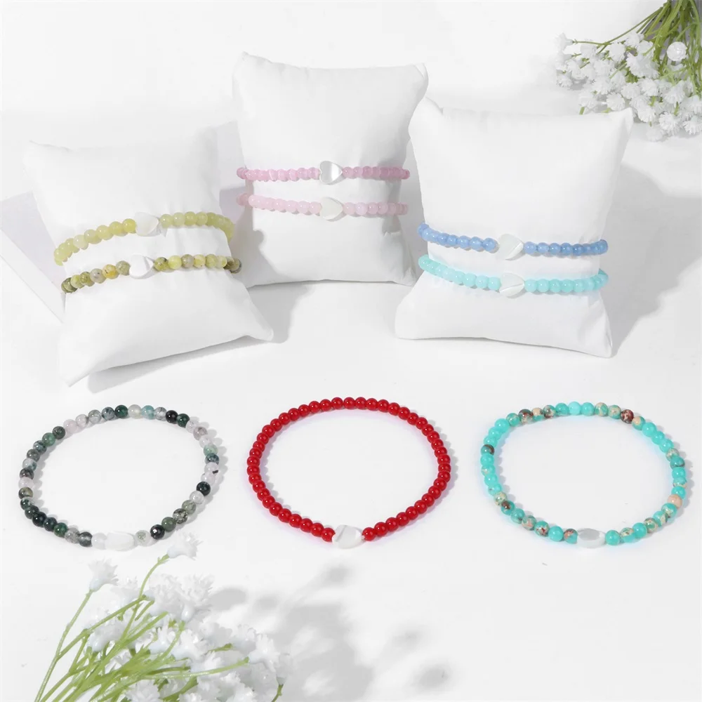 Shell Heart Bracelet 4mm Natural Stone Purple Lilac Amethysts Moss Agates Pink Zebra Beads Elastic Bracelets For Women Jewelry