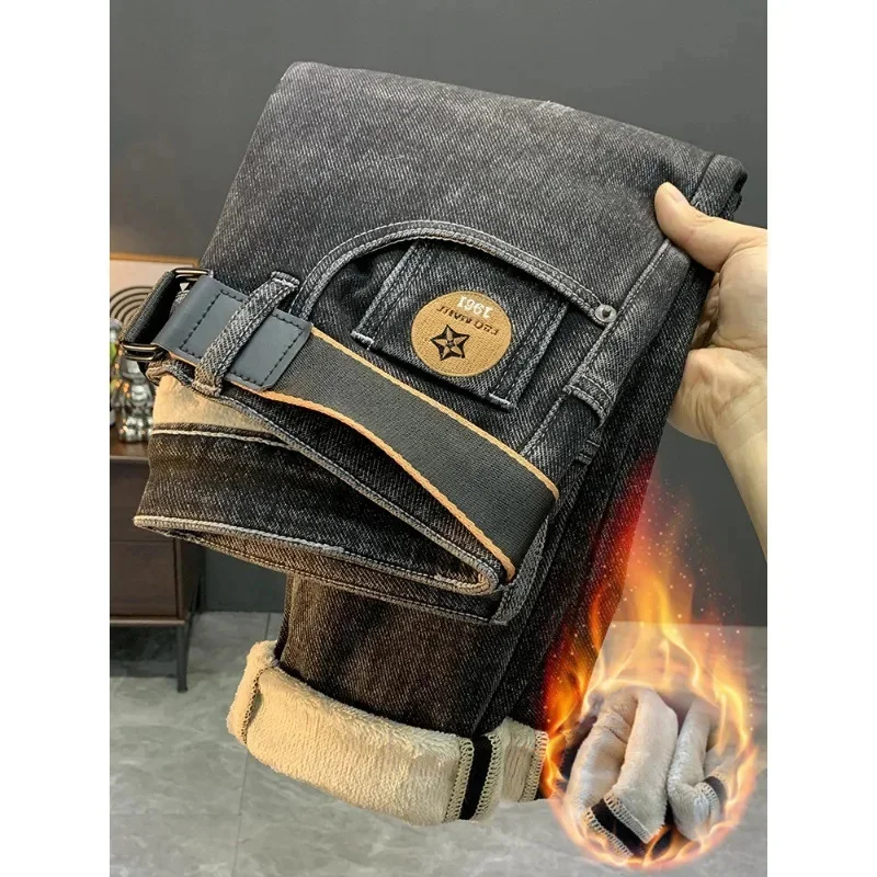 Pantalones vaqueros gruesos con forro polar de cachemira para hombre, pantalones rectos micro holgados cálidos y de moda para invierno
