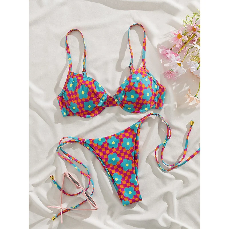 Nouveau sac souple imprimé à armatures, sangle fine réglable, décor en métal, ensemble de Bikini de fête élégant à lacets