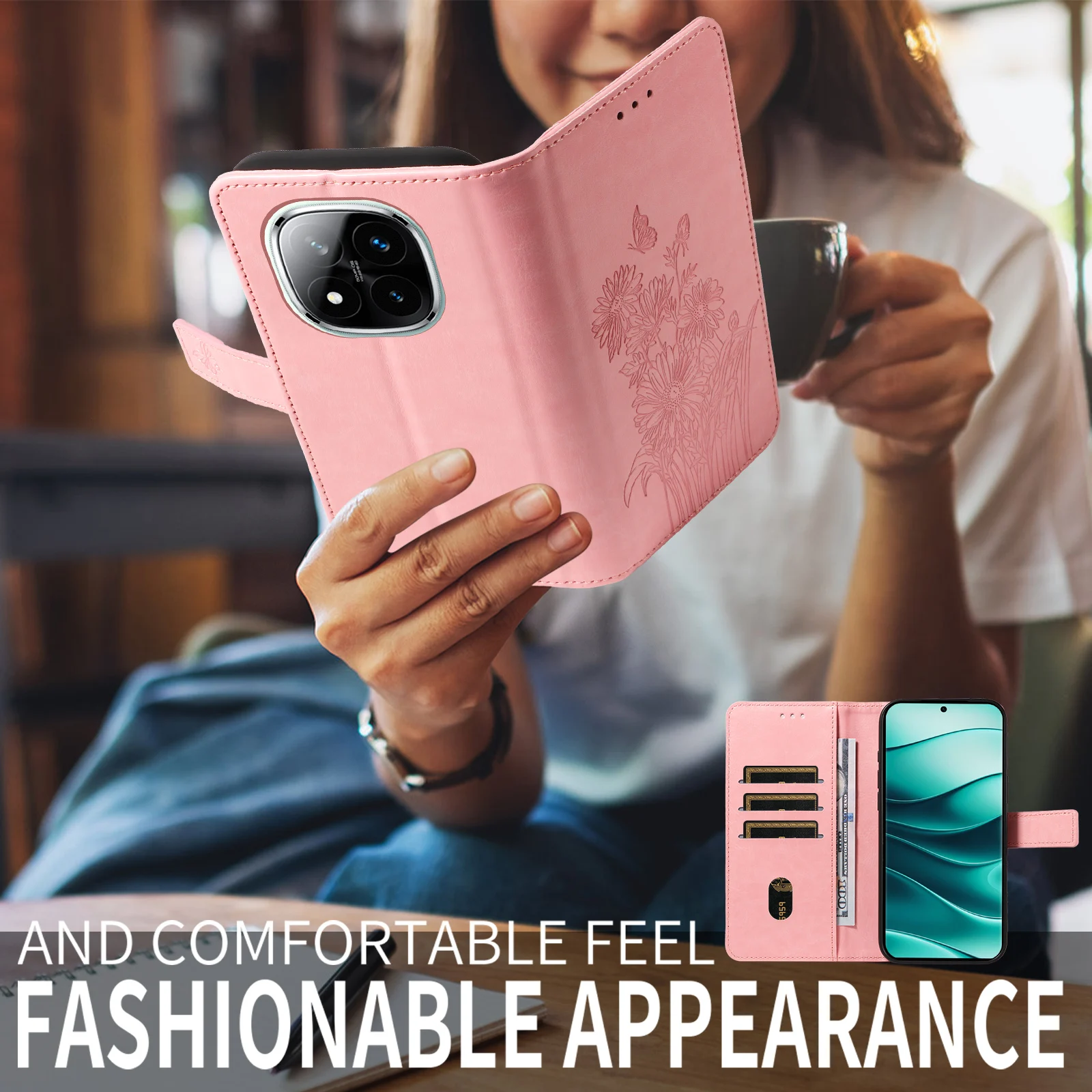 Für Redmi Note 8/9/10/11/12/13/14/15Pro Wallet-Handyhülle mit geprägtem Standfuß und Schutzhülle aus Kunstleder – Detail 7