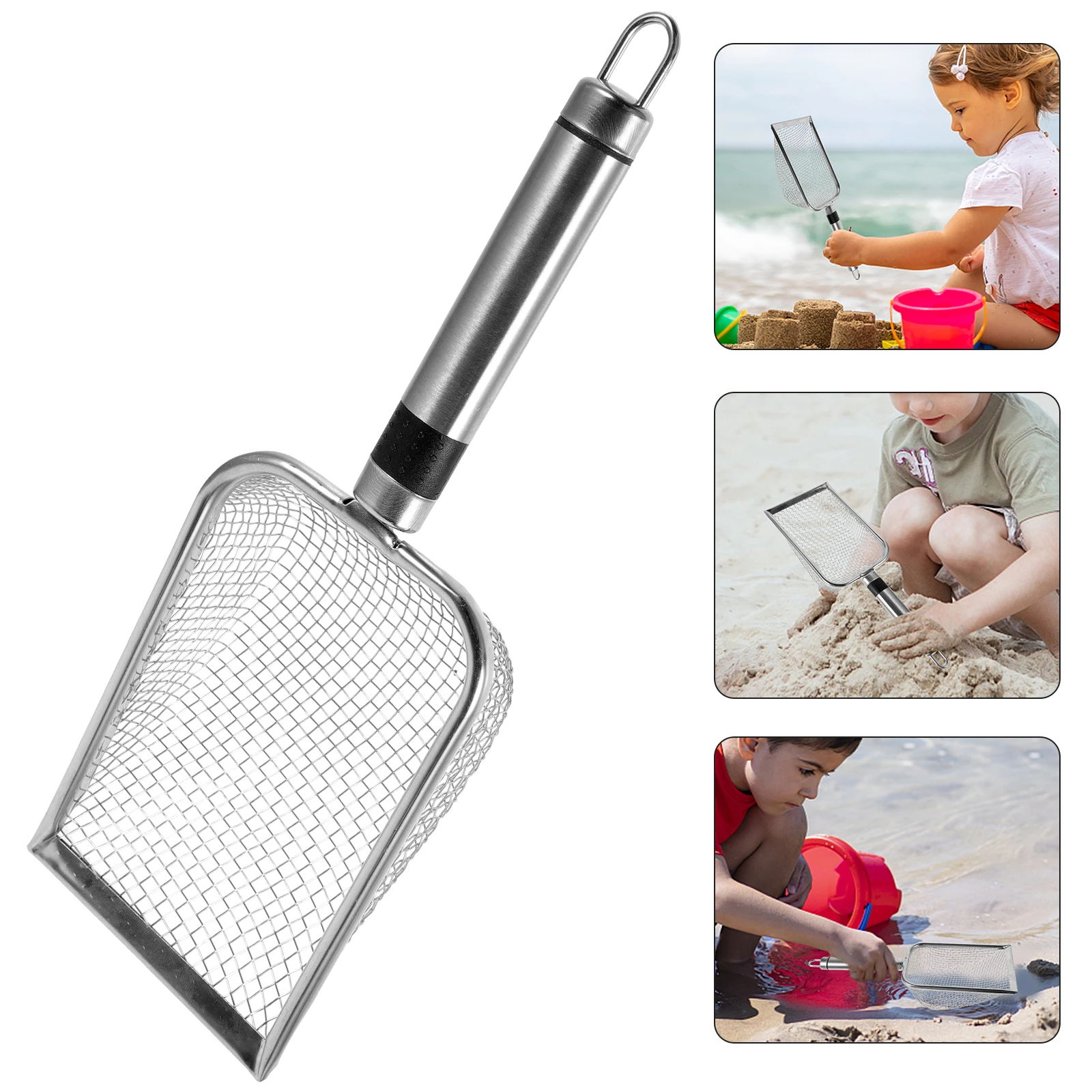 Pala de malla de acero inoxidable, herramienta de filtro de arena para playa, pala de juego portátil, limpieza al aire libre, pala de arena para mascotas, pala de playa multiusos