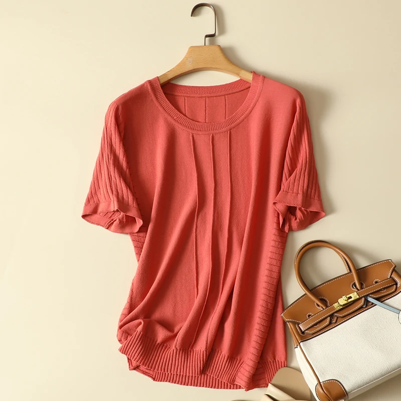 

Solid Knitted Women T-Shirts Summer New 2024 O-Neck Loose Elegant Solid Office Lady Pulls Tops Tees