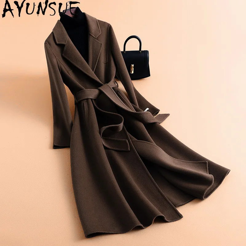 AYUNSUE Women's Double-sided Wool Coat Autumn Winter Lace-up Long Outerwear Fashion Commuter Jacket Woman Clothes Ropa De Mujer