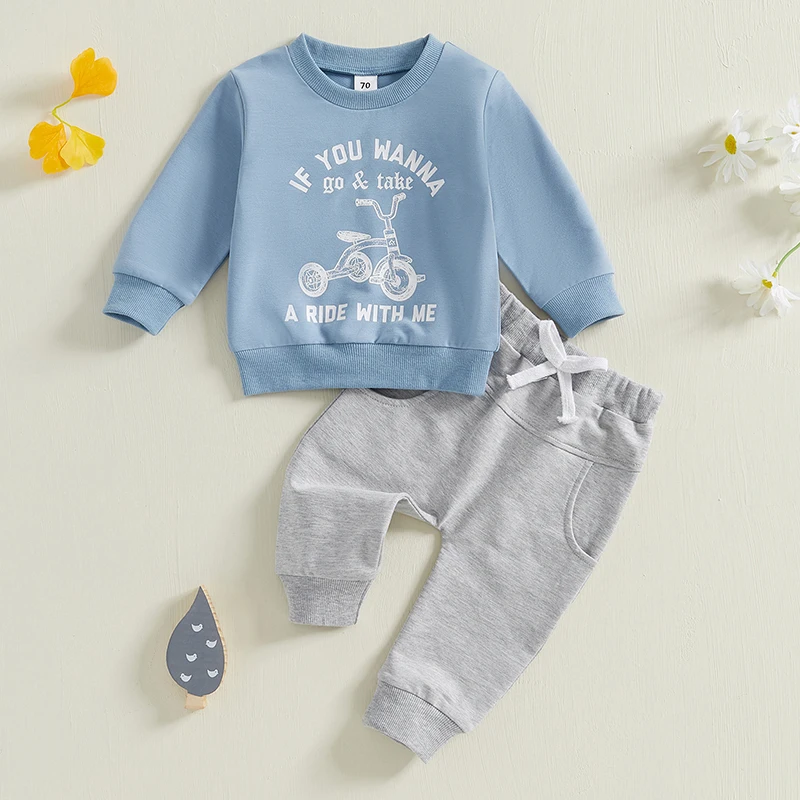 Conjuntos de otoño para bebés y niños pequeños, sudaderas con cuello redondo y manga larga con estampado de bicicleta y letras, pantalones lisos, conjuntos de tops y pantalones