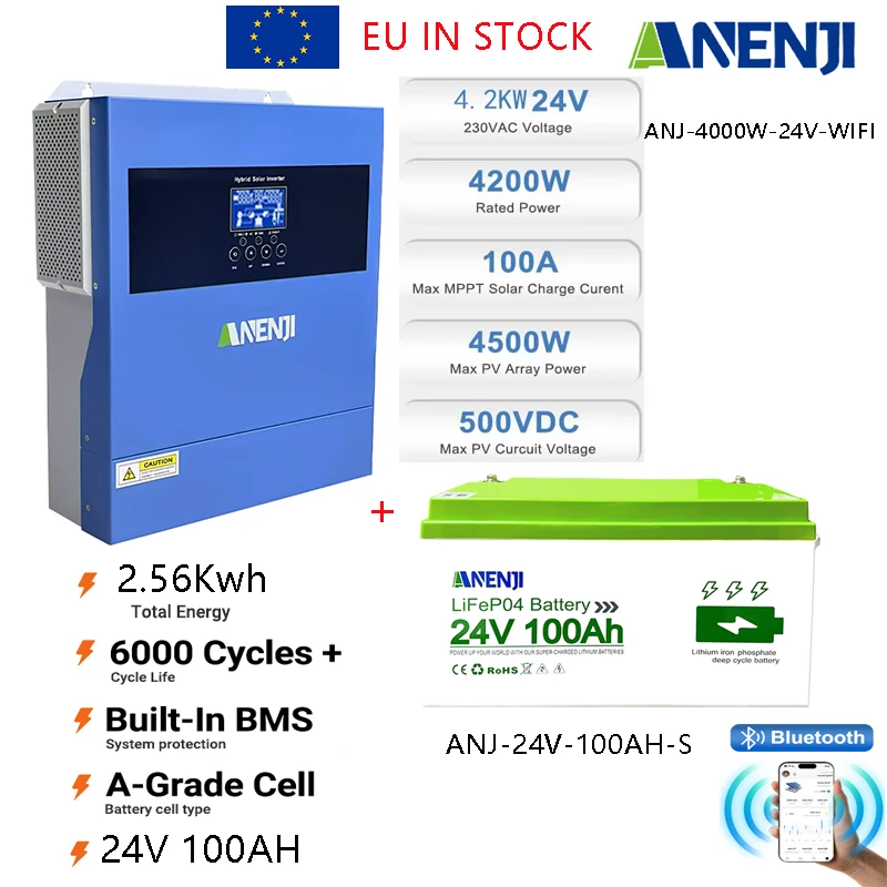 Onduleur solaire hybride ANENJI 4.2KW 24V à onde sinusoïdale pure, onduleur photovoltaïque connecté au réseau et hors réseau, AC 220VAC 24V 25.6V, batterie LiFePo4 100AH 1.256KWH, cellules de qualité A + 5000 cycles, PV 500VDC