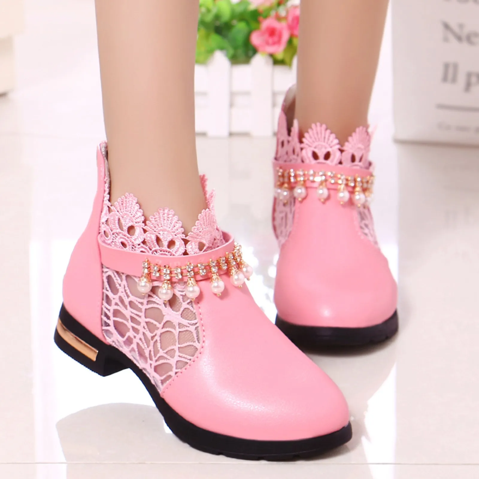 Princess Girls Boots Kids Ankle Boots Lace Fabric Breathable Princess Sweet Children Ankle Mesh Shoes Autumn Winter Leather Boot