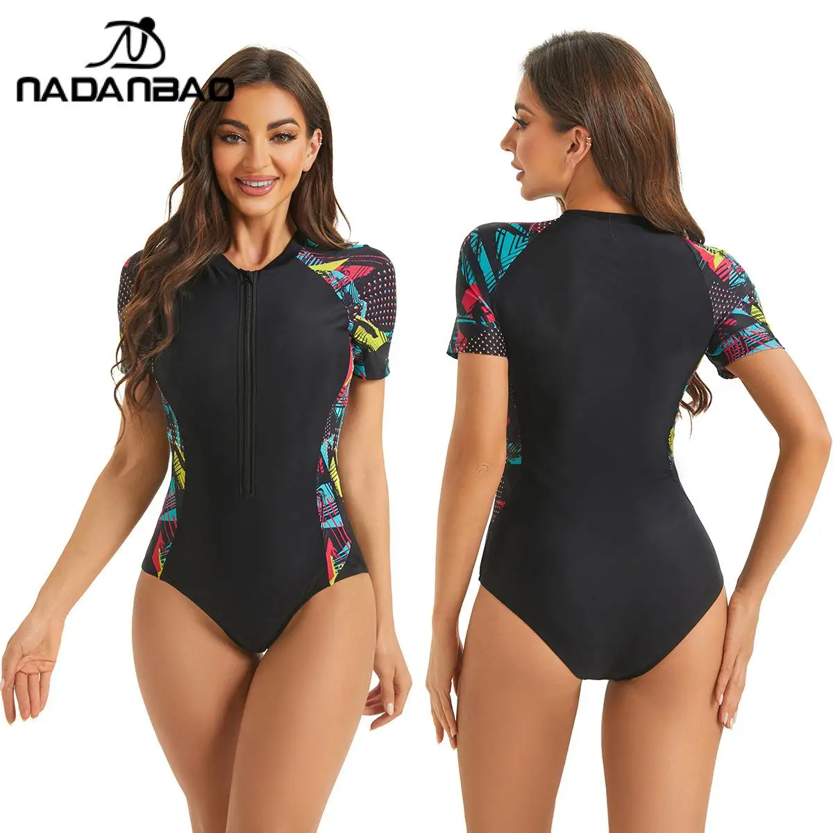 

NADANBAO Women's Swimsuit Rash Guard Summer Swiming Party Sexy Female Zipper Surfing Wetsuit Short Sleeve One-Piece Swimwear