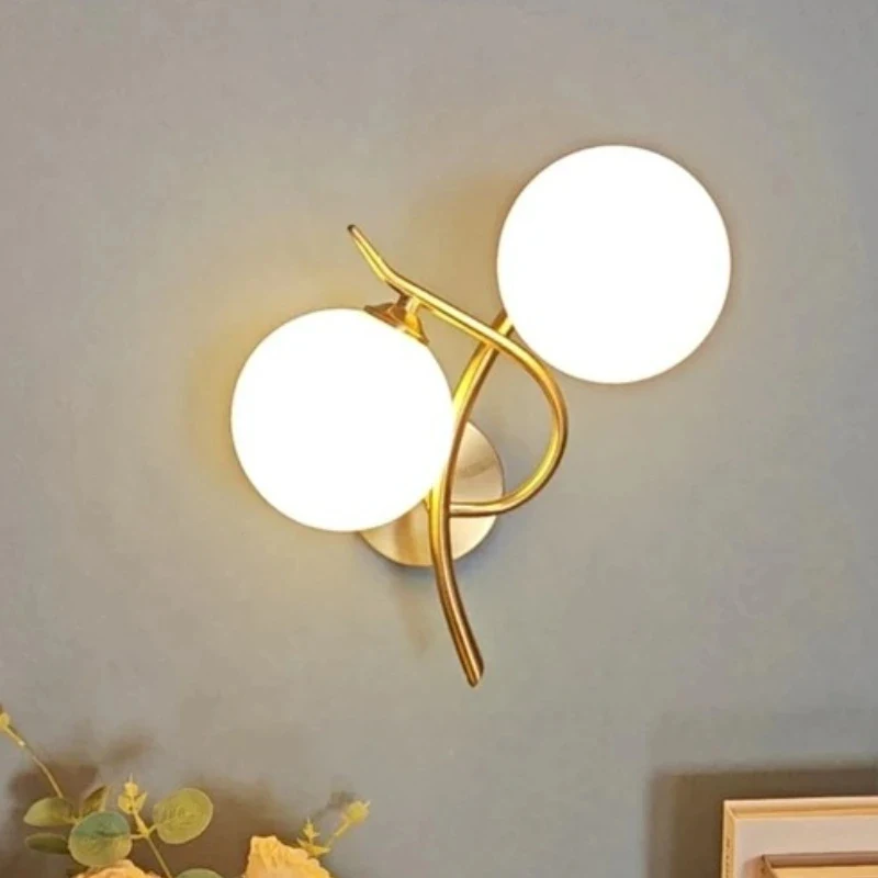 Modern Gold Double Globe Wall Sconce LED 2-Light Wall Lamp with Opal Glass Shades for Bedroom Living Room Hallway