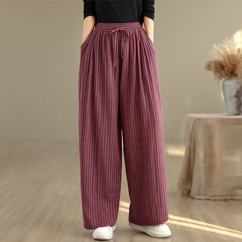 Calças Largas tradas de Cintura Alta Retro com Cordão e Cintura Elástica Estilo Artístico para Primavera Verão Outono