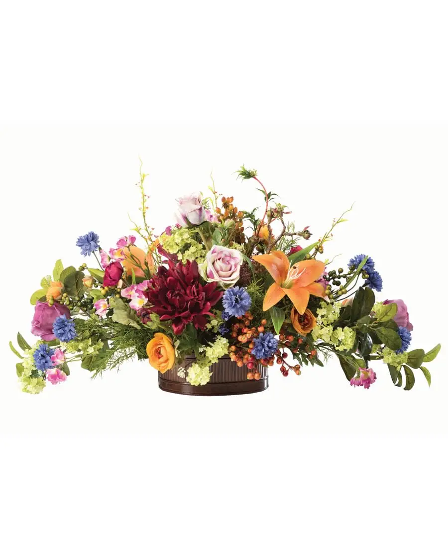 

Silk Flower Centerpiece Oval Metal Planter Floral Arrangement Home Table Decor, Customized