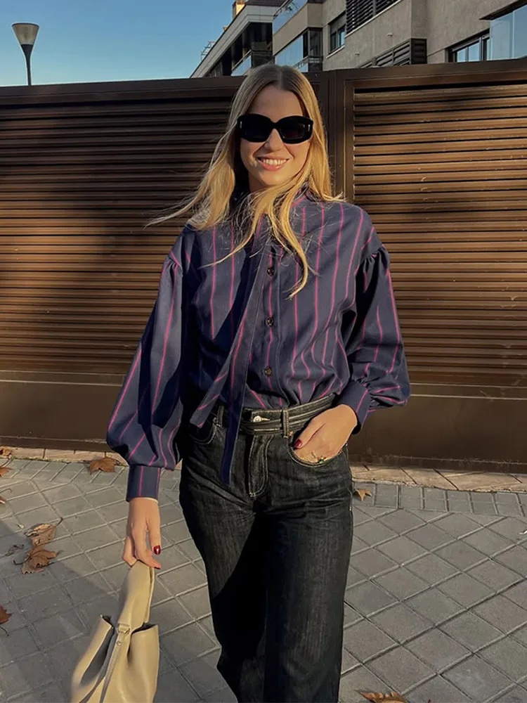 Vintage Chic Striped Contrasting Long Puff Sleeve Shirt For Women Button Bow Tie Casual Tops 2025 Fashion Female Street Blouse