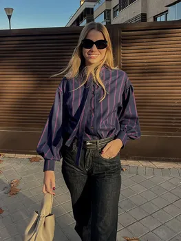 Vintage Chic Gestreiftes Kontrast Langes Puffärmel-shirt Für Frauen Taste Fliege Casual Tops 2025, Mode Weibliche Straße Bluse