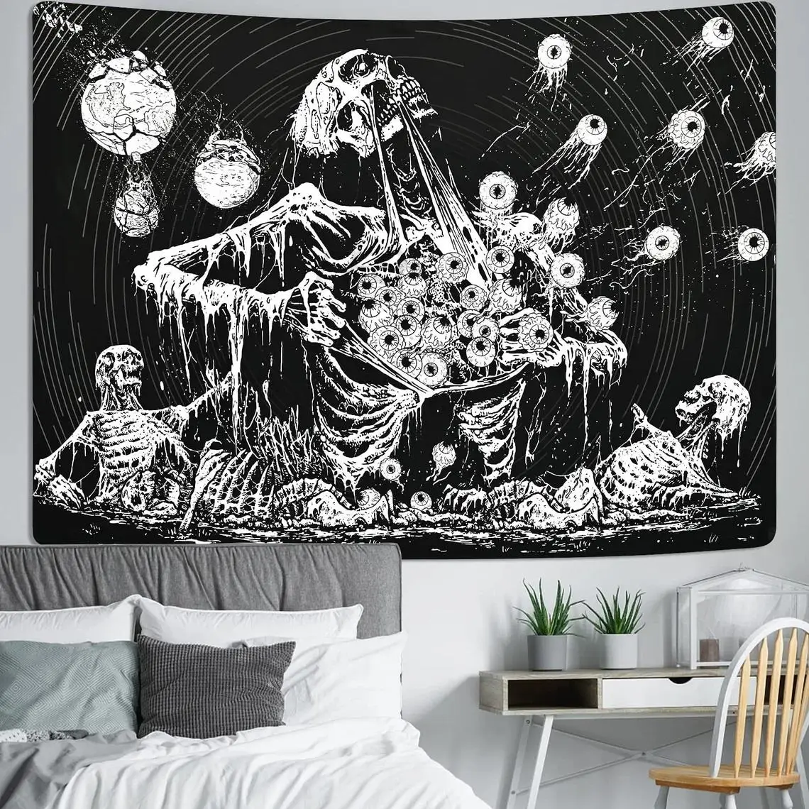 Hippie Skull Tapestry Psychedelic Mushroom Gothic Tapestry Colorful Psychedelic Wall Decor Art Aesthetic Home Decor Tapestries