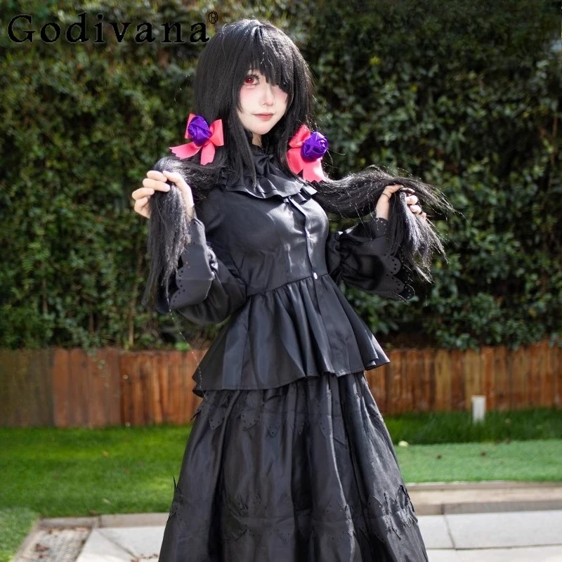 أزياء تنكرية سوداء مجموعة كاملة للنساء أنيمي تاريخ لايف توكيساكي كورومي تنورة دعوى أنثى لطيف لوليتا موحدة تنورة وتتسابق