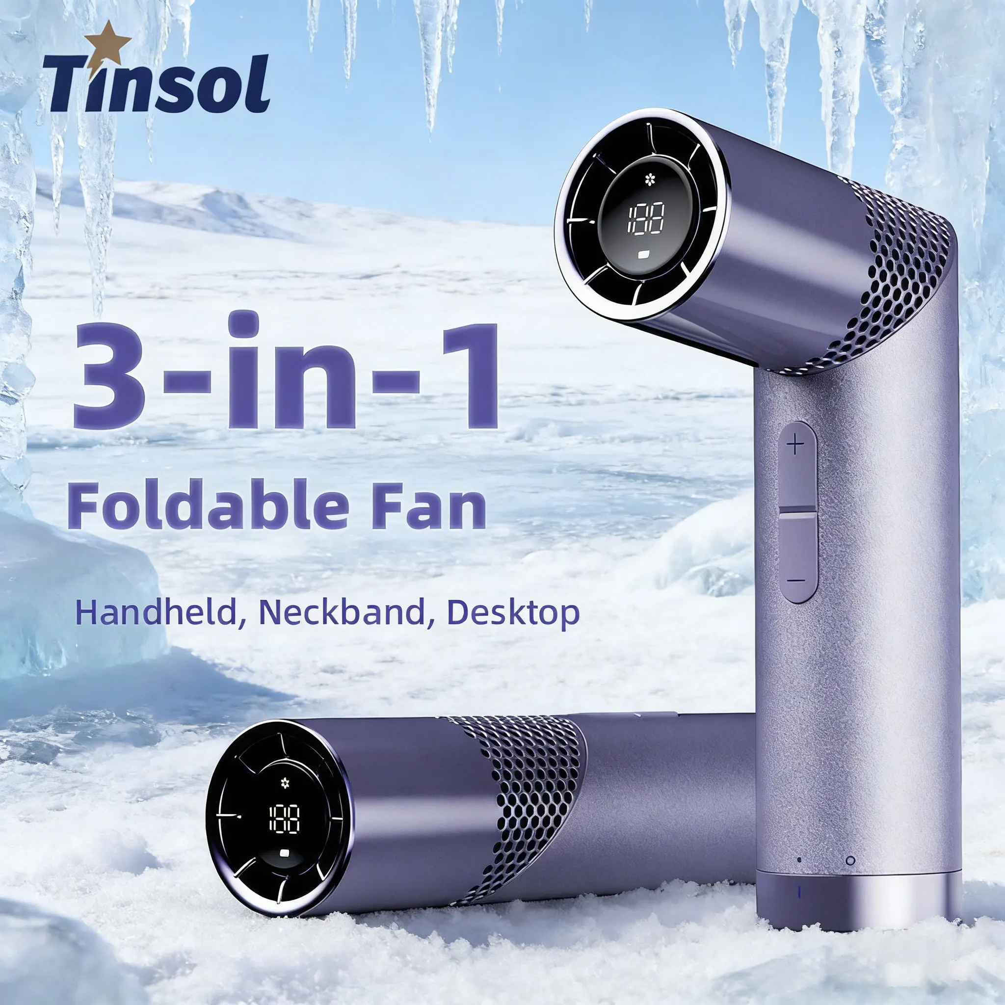 TINSOL Foldable Handheld Electric Fan, USB Rechargeable Mini Fan, with LED Display, 199-speed Settings, 3000mAh Battery