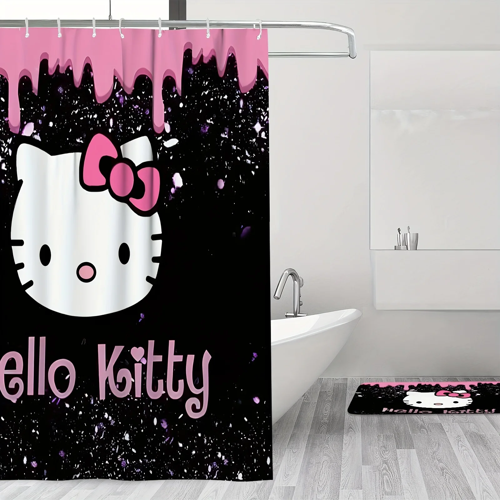 Hello Kitty Shower Curtain Sets with Rugs Hooks Cartoon Themed Washable Polyester Bathroom Decor Home Decor Curtain and Mat Set