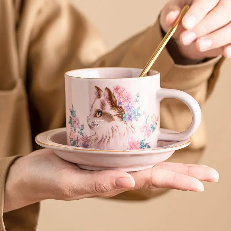 

Ruyao Powder Ruhua Cat Coffee Cup, Women's Personal Cup, Exquisite Retro Mixing Cup, Ceramic Mug