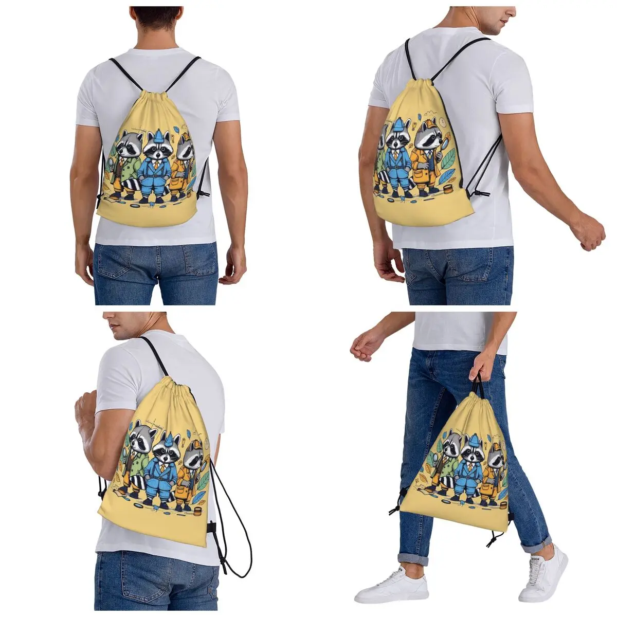 Raccoon Detectives Backpacks Multi-function Drawstring Bags Shoes Bag Book Bags for Man Woman Students
