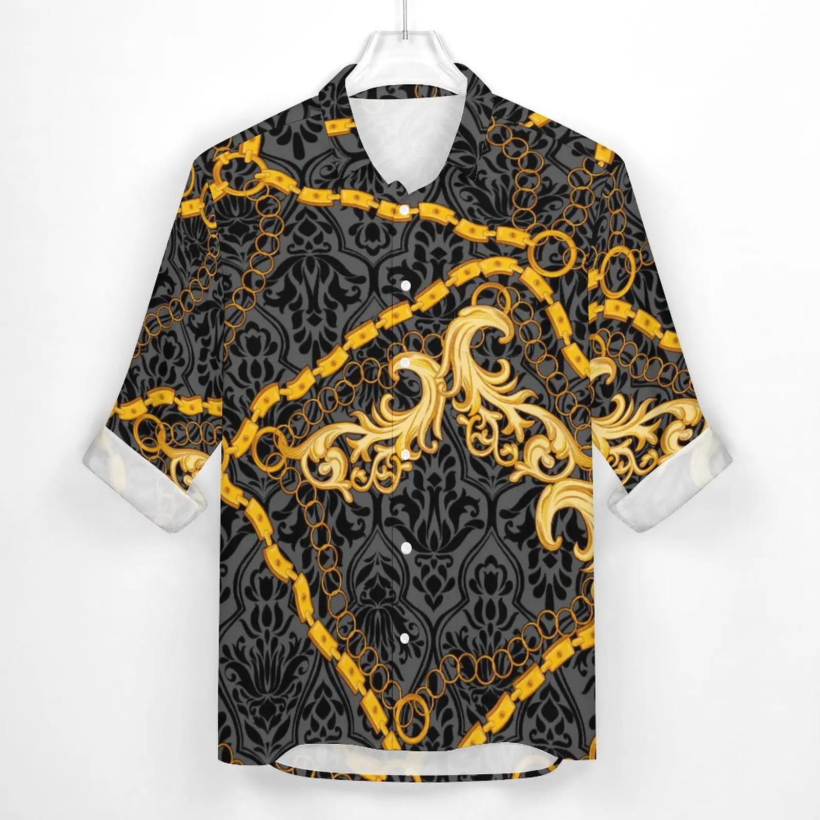 Gold Chain Shirt Autumn Vintage Print Casual Shirts Men Retro Blouses Long Sleeve Graphic Y2K Clothes Plus Size