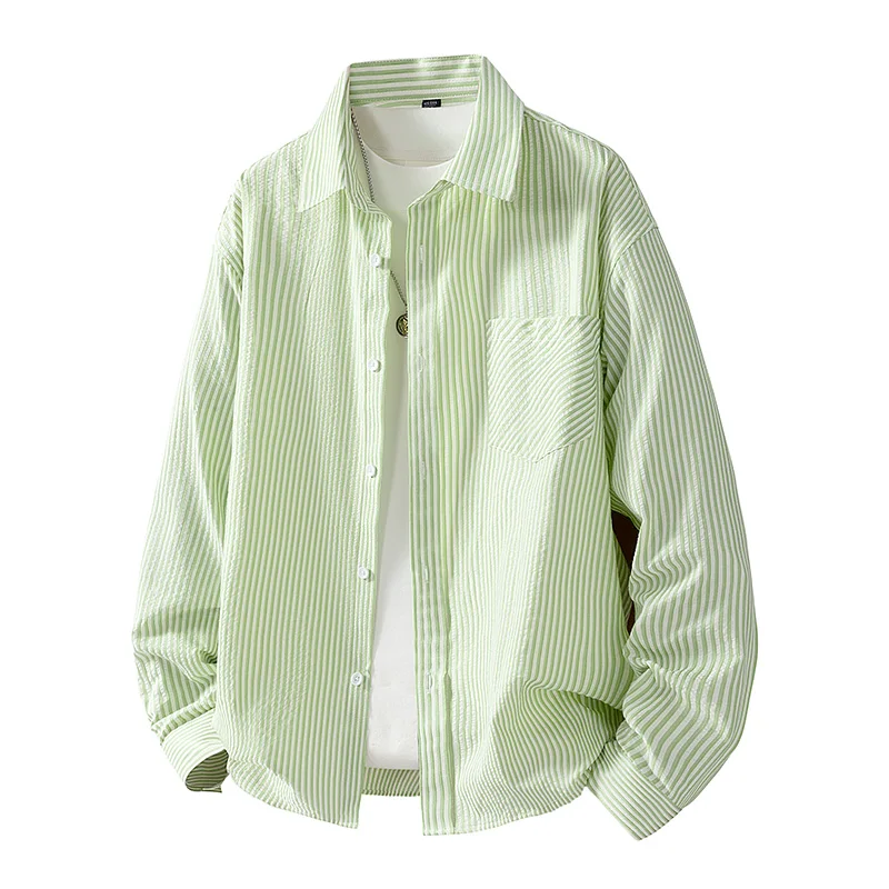 

Весенне-осенняя тонкая рубашка с длинным рукавом, повседневная, деловая, модная, мужская, свободного кроя, в полоску, молодежная, универсальная, из смеси полиэстера и хлопка