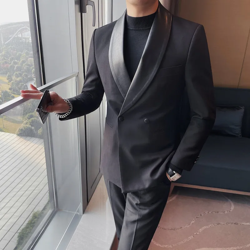 

High-End Men's Slim-Fit Black Suit with PU Leather Patchwork, Double-Breasted Coat, Stage Host Dress-up Suit, Prom Party Dress