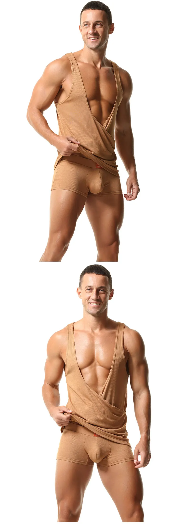 TAUWELL Herren-Tanktop mit geripptem Wickel-Design und tiefem V-Ausschnitt, ärmelloses Muskelshirt aus weichem Stretch-Gewebe für Fitness und Freizeit – Detail 2