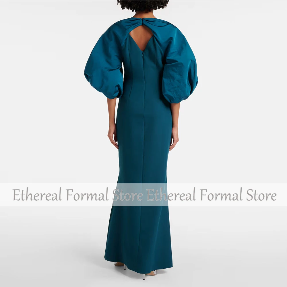 Modern Green O Neck Evening Gown For Wedding Mermaid Ankel Length Formal Party Dress Beading Prom Dress Puff Sleeves Saudi Dress