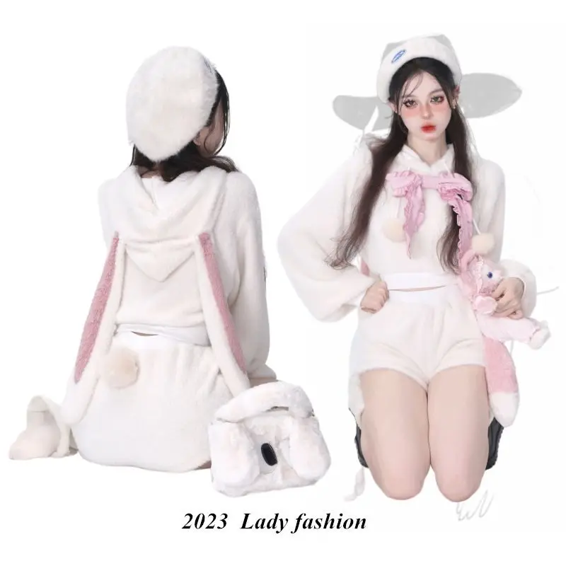 

New Fluffy Rabbit Ear Hoodie Coat + Skirt Y2K Women High Waist Bodycon Split Skirts Winter Thicked Warm Girls Two Piece Sets