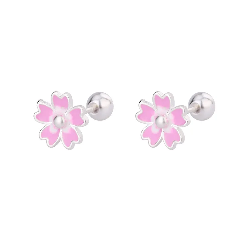 Fashion Pink Sweet Cherry Blossoms Screw Back Stud Earring for Women Cartilage Hoop Earrings Piercing Jewelry Accessories