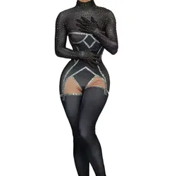 Sexy Sparkly Rhinestones Black Jumpsuit Long Sleeve Gloves Stretchy Nightclub Outfit Singer Dancer Performance Stage Wear