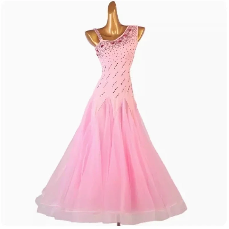 Vestido de dança de salão feminino, saias padrão lisas, sem mangas, valsa moderna, tango, rosa