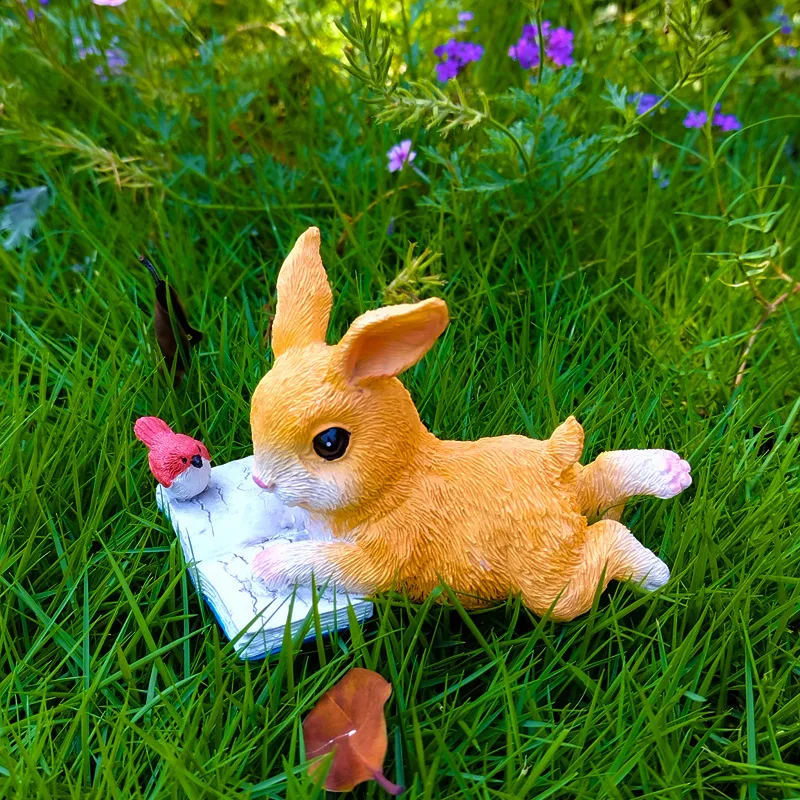 

‌Adorable Rabbit Reading Garden Ornament - Animal Figurine for Window Sill Bonsai & Kindergarten Scene‌